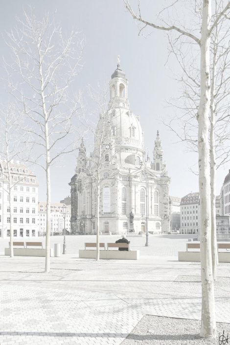 Neumarkt Dresden mit Blick zur Frauenkirche, ein Mann auf einer Bank, im Vordergrund noch kahle Bäume